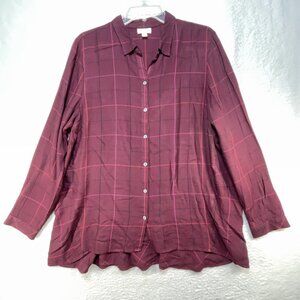 J Jill Womens Shirt Size L Red Plaid Long Sleeve 100% Rayon Lightweight